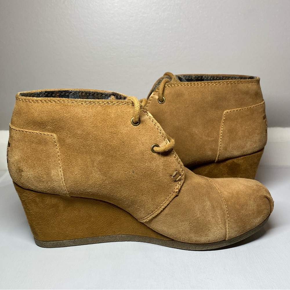 BOBS by Skechers Memory Foam Ankle Boots Women’s 7 Tan Lace Up Wedge Heel Bootie - Picture 14 of 15